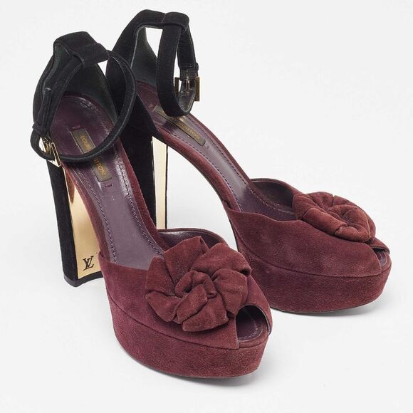Louis Vuitton Burgundy/Black Suede Flower Peep Toe Platform Ankle Strap Sandals - Picture 4 of 4